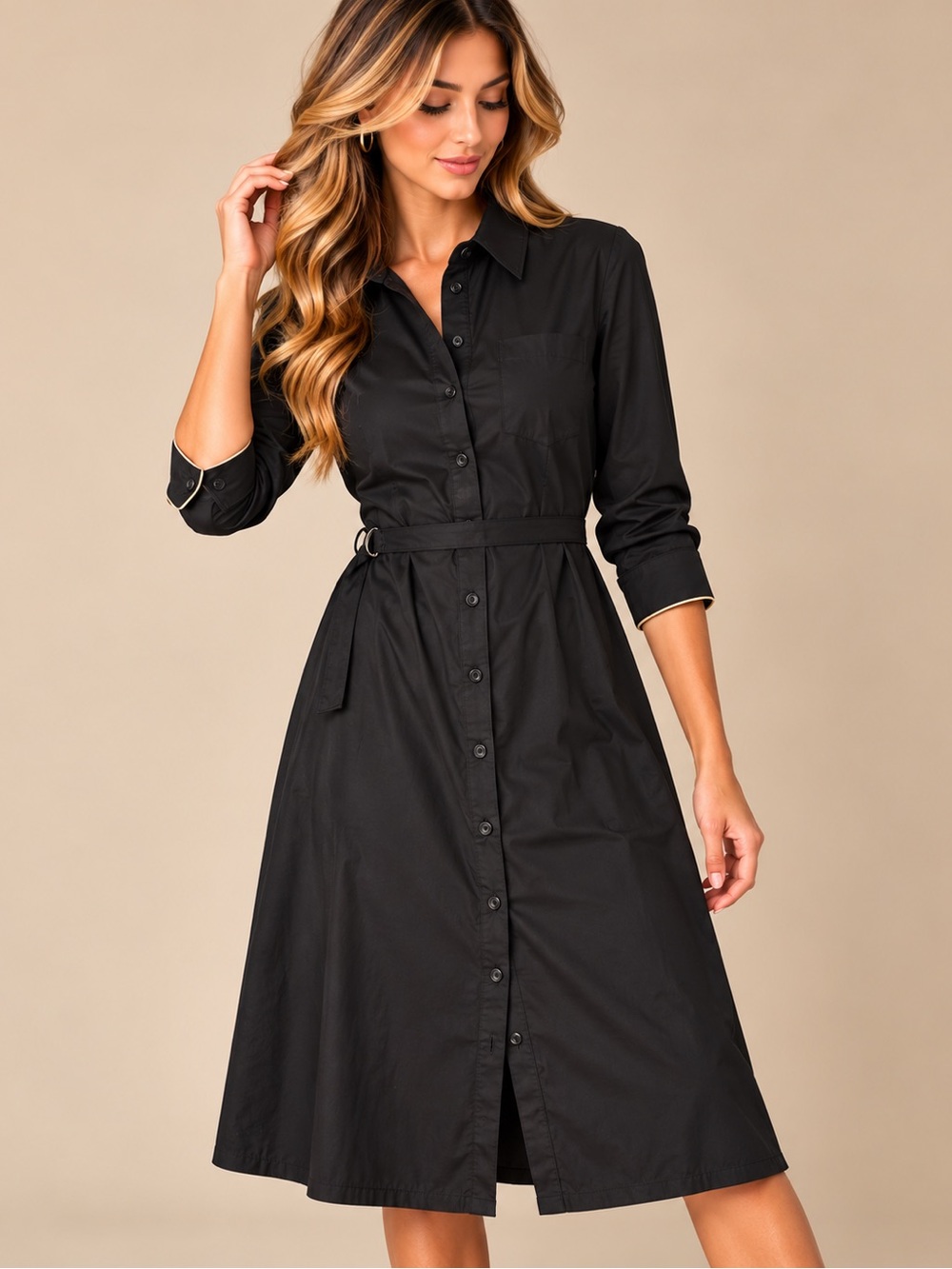 Gap Black Belted Shirt Dress Size Medium Utility Midi Gold Trim
